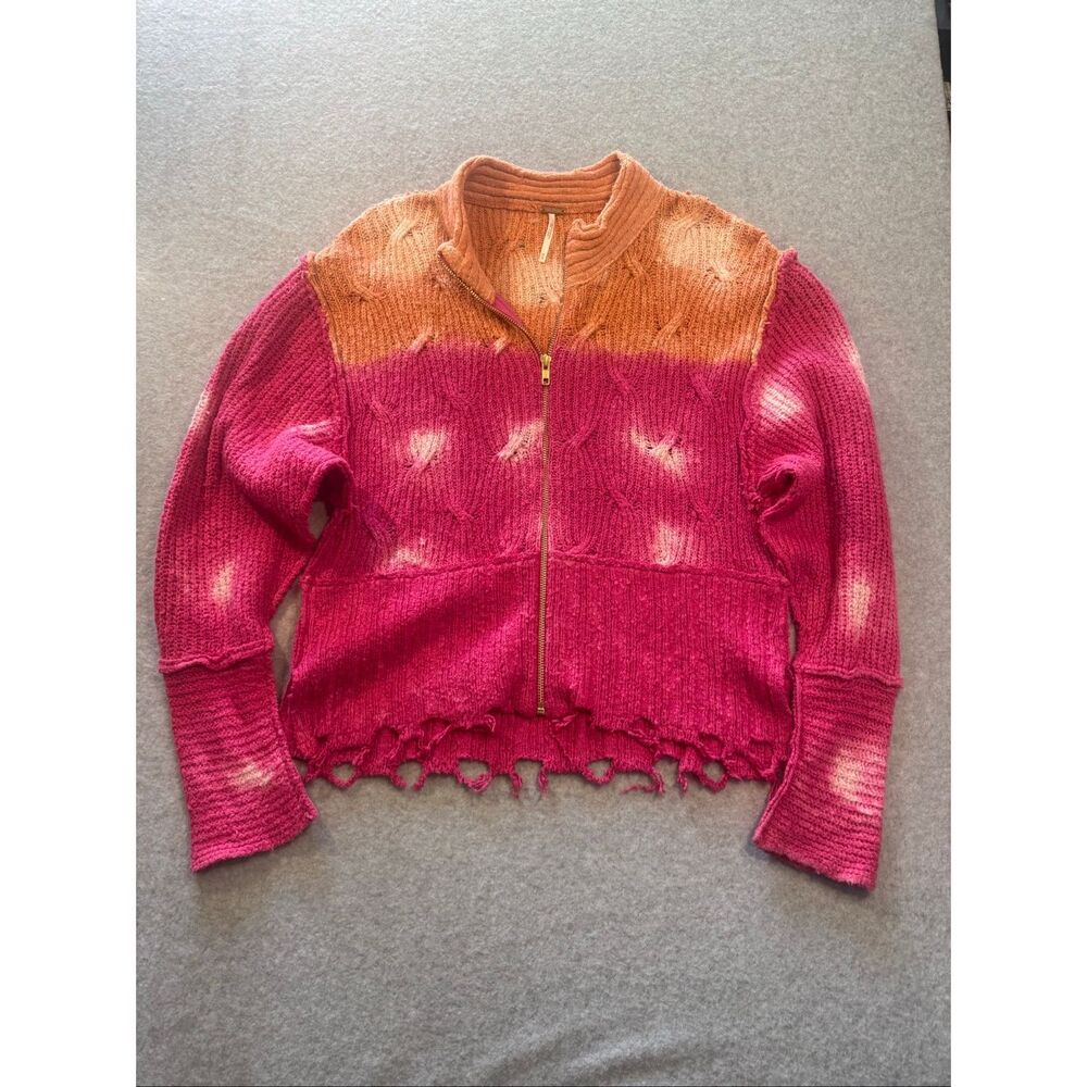 Free people ombré pink and orange tie dye sweater full zip M